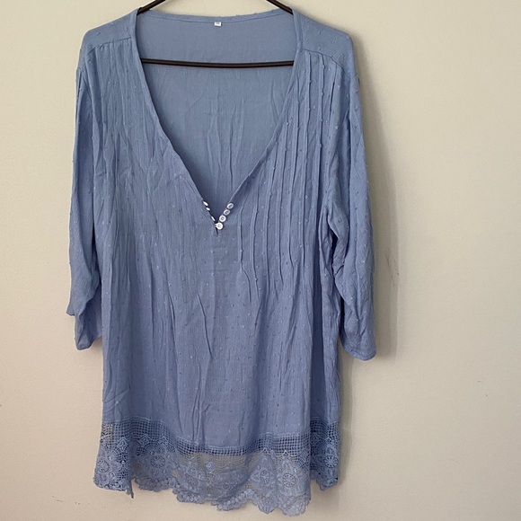Light Blue V-Neck Blouse with Lace Hem - Picture 1 of 2